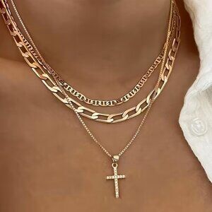 Gold Layered Chain Necklace Cross Pendant Choker Statement Fashion Faith Jewelry